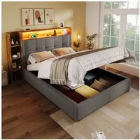 Merax Polsterbett 90x200cm mit LED, USB & Typ-C Ladefunktion (Jugendbett Gästebett Stauraumbett, 1-tlg., LED-Beleuchtung (Touch/App), Mehrzweckbett mit hydraulischem Stauraum & offenen Regalen, Leinen