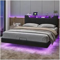 PXloue Polsterbett LED hydraulisches Doppelbett (inkl Aufbewahrungskiste), mit USB-Laden und Stauraum am Kopfteil, PU, 140x200 cm