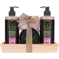 BRUBAKER Pflege-Geschenkset Badeset mit Erdbeeren & Kokosnuss Duft, Wellness Geschenkset, 5-tlg., Hanf Beautyset für Frauen mit Tablett aus Holz, Damen Pflegeset