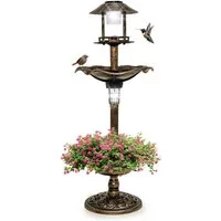KOMFOTTEU Vogeltränke Vogelbad Vogelfutterhaus, mit Blumentopf & Solar Leuchten