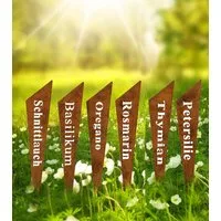 LB H&F Lilienburg Gartenstecker 6er SET Kräuterstecker Metall Metallstecker Kräutertopf (Rostschild Kennzeichnung Markierung Kräuter Kräutertopf Zubehör Samen Kräuter Pflanzen Roststecker zum Stecken Deko Kräutergarten Blumenstecker ROST KEIL, Pflanz