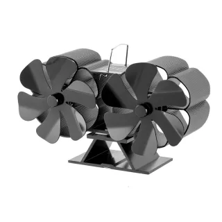 SF707T Thermodynamic Fireplace Fan Double Head 6-Blade With Thermometer 160-220 CFM 1400rpm Aluminum Black Heat Powered