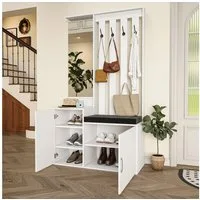 FUROKOY Kleiderständer Dielengarderobe, Wandgarderobe mit Spiegel, (Garderobenset mit Schuhschrank und 4 Kleiderhaken), für Flur, Wohnzimmer, Schlafzimmer, 100 x 40 x 180 cm, Weiß