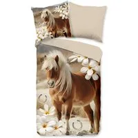 PURE luxury collection Kinderbettwäsche Fabi, Microfaser, 2 teilig, Mikrofaser, 135x200, 2 Teilig, Wendeoptik, Kind, Mädchen, Pferd, Blume