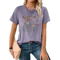 PYLIKE Kurzarmbluse Damen Sommer Casual bequemes T-Shirt mit Schmetterling Print Shirts