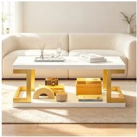 Merax Couchtisch mit LED-Beleuchtung, Rechteckiger Sofatisch in Weiß Gold (100×50×37,5cm, 1-St), Beistelltisch Wohnzimmertisch mit Ablagefläche aus MDF und Metall