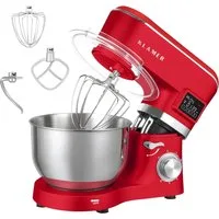 KLAMER Küchenmaschine 1400W, Knetmaschine mit 5,5 Liter Edelstahl Schüssel, 6 Geschwindigkeitsstufen mit Timer, Rührbesen, Knethaken, Schneebesen und Spritzschutz, rot, 1400 W, 5,5 l Schüssel, Spritzschutz, 3 Aufsätze, Saugfüße, digitales Display, Ti