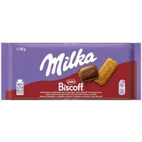 MILKA Schokolade, Milka Biscoff Alpenmilchschokoladentafel Keksstückchen Packung 90g