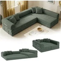 skølm Sofa Lofn aus Cord, Vollschaumcouch umwandelbar zum Schlafsofa, Dunkelgrün, Ecksofa 300 cm breit, 4 Sitzer, kein Aufbau erforderlich, vakuumiert
