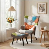 HomeMiYN Ohrensessel Relaxsessel Lehnstühle Patchwork Ohrensessel mit Hocker lesesessel, Chair