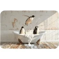 OnlyWow Badematte Vintage - Pinguin - Badewanne - Schaumstoff, Höhe 10 mm, Polyester, Rechteckig, Badezimmerteppich, Badteppich, Rutschfest, Badvorleger, Waschbar