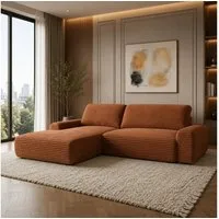 Goldstoff Ecksofa mit Schlaffunktion und Bettkasten, Cord Sofa - Modernes Schlafsofa, L-Form Schlafsofa mit Schlaffunktion und Bettkasten, moderner Cordstoff 2 Teile, pflegeleichtes Cordsofa mit Schlaffunktion in ziegelrot