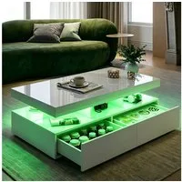 Furnishings Home Couchtisch Wohnzimmertisch Ablagetisch LED Beistelltisch (Hochglänzender quadratischer, mit LED Beleuchtung & Fernsteuerung), Mit 2 Schubladen und 16-farbigen variablen