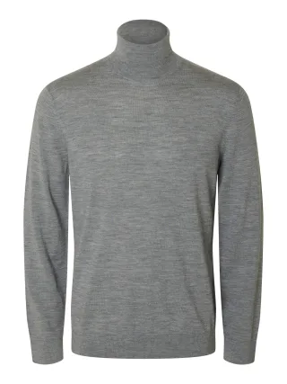 SELECTED MEN - SLMTRAY LS KNIT MERINO ROLL NECK NOOS Medium Grey Melange - Gr. - M