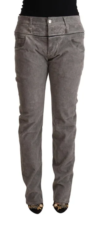 Acht Graue Baumwoll-Hose mit geradem Schnitt und hoher Taille