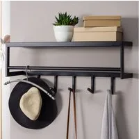 FINEBUY Wandgarderobe Garderobe Metall 70 cm Schwarz Flur Hakenleiste (Metall Schwarz 70x20x20 cm mit Ablage Modern), Garderobe Wand Stahl, Flurgarderobe Modern