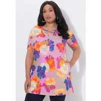 Ulla Popken Longshirt Longshirt Zierbänder A-Linie V-Ausschnitt Halbarm