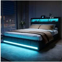 Furnishings Home Polsterbett LED Doppelbett Stauraumbett mit Kopfteil und 4 Schubladen (Leinenmaterial Polsterbett mit RGB Beleuchtung, 160x200cm), mit Lattenrost und Ladefunktion, mit Komforthöhe, Leises Design Bett