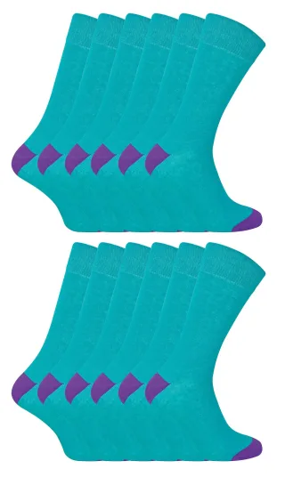 12er Multipack Herren schwarze Baumwollsocken | Sock Snob | Atmungsaktive Crew-Socken mit gepolstertem Fersen- und Zehenbereich - Türkis