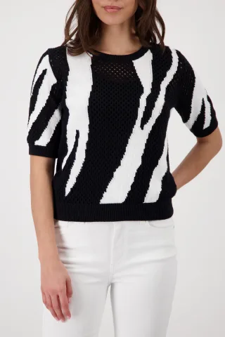 monari - Ajour Strickpullover mit Tigerintarsiemuster schwarz gemustert - Gr. - 40