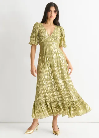 Grünes Viskose-Tier-Jacquard-Anlass-Midikleid