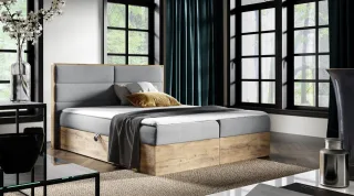 Boxspringbett Bett LAMBROS 200x220cm Lancelot Eiche Stoff Grau inkl. Bettkasten