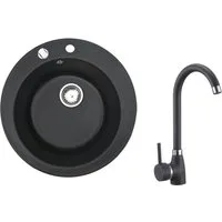 manestein Granitspüle Vika Granit Rund Küchenspüle mit Schwarz Armatur und Siphon Ø49cm, Rund, 49/17 cm, (inklusive ablaufgarnitur und Armatur)