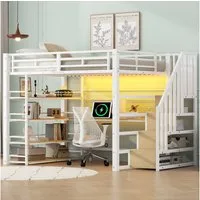 Merax Hochbett 140x200cm mit LED-Licht und USB-Ladestation (254.8 x 148 x 170 cm, Sicherheitsgeländern und Treppengeländern, 1-St., Etagenbett Jugendbett Einzelbett) Metallbett Kinderbett mit Schreibtisch Treppe Ablageflächen & Stauraum