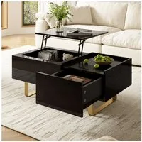Merax Couchtisch höhenverstellbar Beistelltisch mit hydraulischer Liftfunktion (Satztisch mit Hochglanzoberfläche, 100Lx50Bx54,5H(cm), 1-St), Wohnzimmertisch mit Schublade,verstecktem Stauraum,goldenen Eisenfüßen
