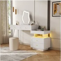 Merax Schminktisch mit Spiegel, LED-Beleuchtung, Einstellbare Helligkeit, (1-St., 4 Schubladen, Offenes Fach mit LED-Leuchten), Kosmetiktisch, Weiß