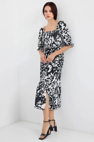 Blumen-Midi-Kleid mit quadratischem Kragen und Schlitz
