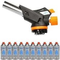 ZMC Flambierbrenner Otto mit 10x, (Temperatur von bis zu 1300 ° C, Einstellbare Flamme, Piezo-Zündung, Kohleanzünder Flambierbrenner Butangasbrenner Butangas Gaskartusche), Brenneraufsatz Gasbrenner Flambiergerät Lötbrenner Gasanzünder