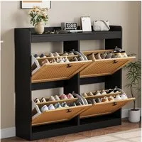 GarveeMore Schuhschrank aus Rattan mit 4 Klappschubladen für Eingangsbereich,Flur 105x23x96cm freistehender Schuhschrank aus Holz mit verstellbaren Einlegeböden