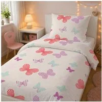 LINKHOFF Kinderbettwäsche Schmetterling Bettwäsche 135x200, 100% Baumwolle Mädchenbettwäsche Schmetterlinge Rosa Butter + Kissen