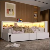Merax Daybett 90x200cm mit LED-Beleuchtung und USB-Anschlüssen (Jugendbett Kinderbett aus Metall und MDF, 1 tlg), Tagesbett mit Ausziehbett & 5 Stauschränken, Sofabett, Schlafsofa