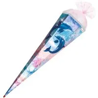 Roth Schultüte Delfine mit Glitter & Glitzerborte, 85 cm, eckig, rosafarbiger Tüllverschluss, Zuckertüte für Schulanfang