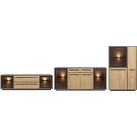 moebel-dich-auf Wohnwand NARDO, (Wildeiche / Absetzung: Anthrazit, 1-St., Verschiedene Board-Sets), Braunglas, Softclose, inkl. LED-Beleuchtung