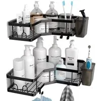 PFCTART Duschablage Ohne Bohren Schwarz Eckregal, Duschregal Schwarz Ecke 2 Stück, Set 2-tlg., Badezimmer Organizer mit 4 Haken, Shower Shelf Dusche Zubehör