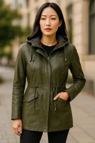 Grüne Parkajacke aus Leder mit Kapuze für Damen – Clare