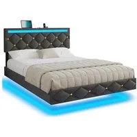 MSMASK Polsterbett mit USB-Aufladen und LED-Beleuchtung, Grauem Leinen
