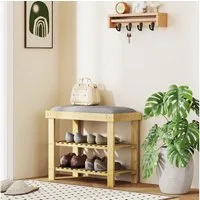HOMCOM Schuhbank mit Stauraum, 2 offene Fächer (Schuhregal aus Bambus, 1-St., Schuhbank mit Sitzfläche), für Wohnzimmer, Flur, Grau+Naturholz