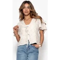 SASSYCLASSY Langarmbluse Musselin Bluse zum Binden Damen mit Lochstickerei Luftige Kurzarmbluse mit Bindebändern Lochmuster und V-Ausschnitt