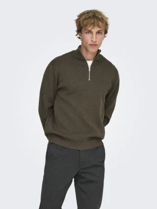 only & sons - Strickpullover mit Zipper braun - Gr. - M