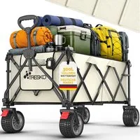 TRESKO Bollerwagen Bollerwagen faltbar 300L mit Bremse Handwagen klappbar 150kg (inkl. Vollgummireifen Faltbarer Strandwagen mit Extra Breite All-Terrain-Räder, Gartenwagen Transportwagen mit Tragetasche)