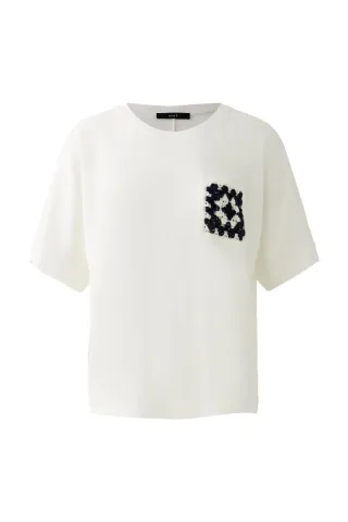 Oui - T-Shirt mit gehäkelter Brusttasche weiß - Gr. - 34