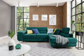 Ecksofa Schlafsofa SARRA in Stoff Kronos Dunkelgrün Ottomane Rechts