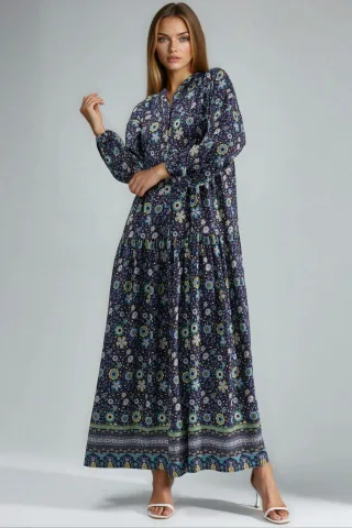 Bedrucktes V-Ausschnitt Maxikleid mit Knöpfen