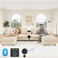Merax Ecksofa mit Bluetooth-Lautsprecher & Medienkonsole, U-/L-Form Ecksofa, inkl. Hocker & Kissen, für 4–6 Personen, Cordstoff 1 Teile, Modulares Sofa mit Stauraum, Wireless Charging, USB & Getränkehaltern