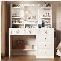 Lexzurn Schminktisch Schminktisch mit LED-Beleuchtung, Kosmetiktisch mit Spiegel, 4 Schubladen+6 offene Fächer, Helligkeit verstellbar, 92.6x132x36 cm