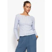 SASSYCLASSY Langarmshirt Pointelle Langarmshirt für Damen Feminines Top mit Lochmuster, gewelltem Saum und U-Boot Ausschnitt